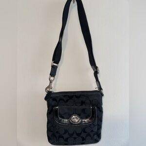 Coach Black Signature Fabric Patent Leather Turn-Key Crossbody Purse Bag